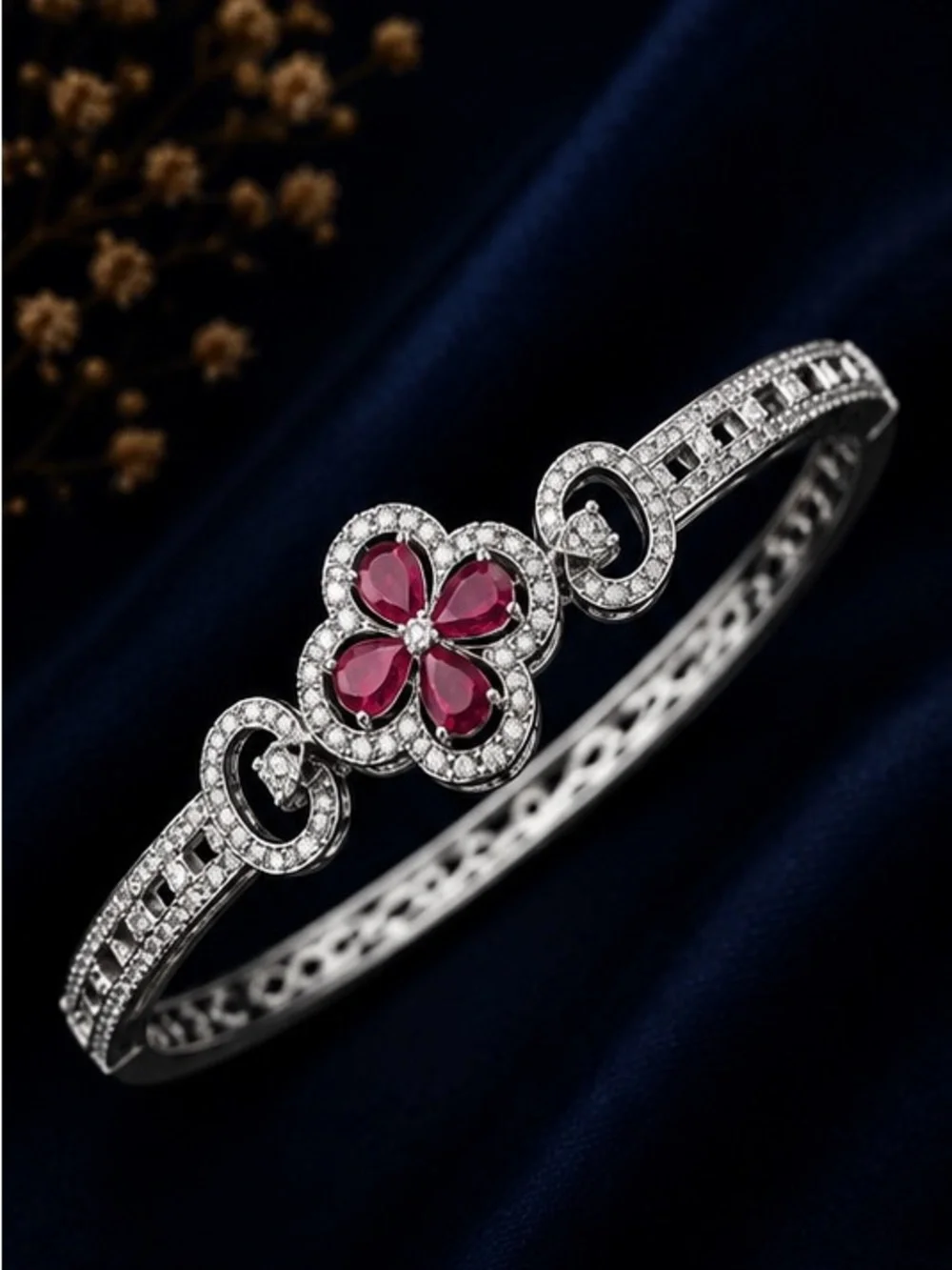 Silver-Tone Bracelet with Pink Floral Gemstone Accent